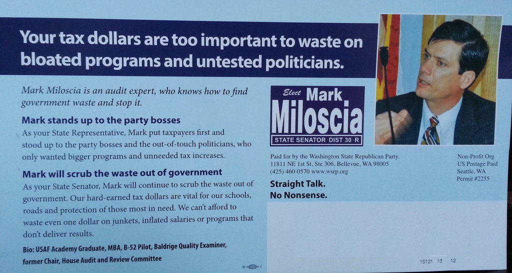 "Mark Miloscia stands up to party bosses!" (Paid for by Party Bosses)